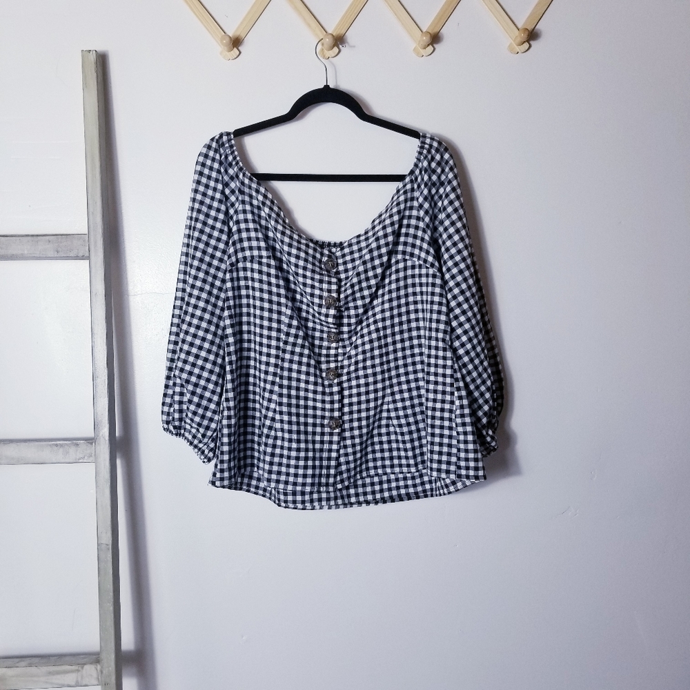 BLACK AND WHITE BUFFALO PLAID GINGHAM OFF THE SHOULDER BLOUSE ESTIMATED XL
